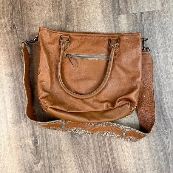 Myra Bag Brown Cow Hide Leather Turquoise Boho Western Large Crossbody Tote - Picture 7 of 14